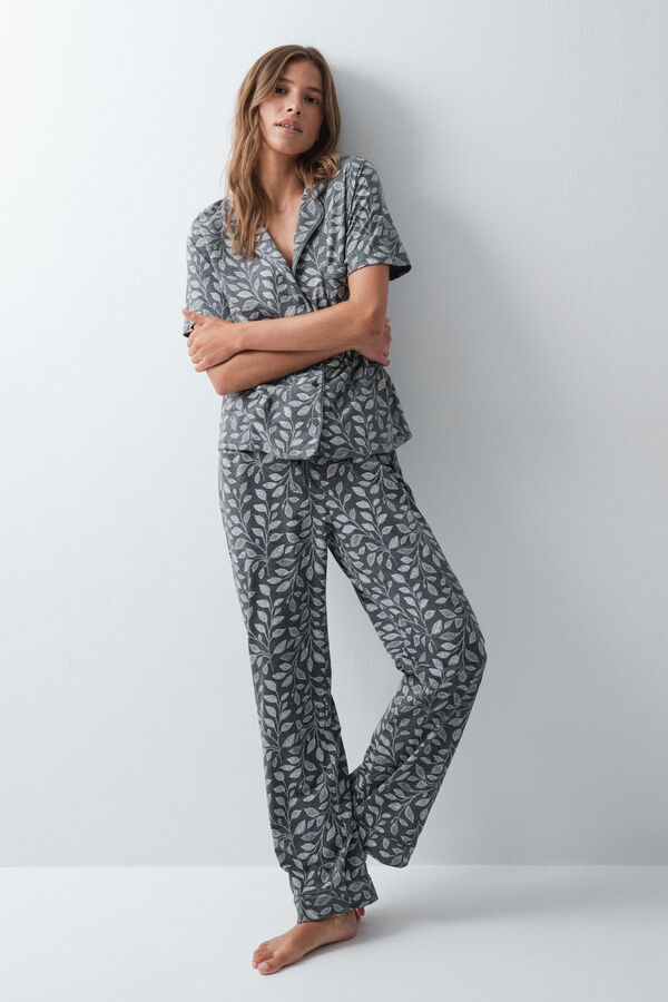 Women'secret Pyjama long chemise &agrave; feuilles gris