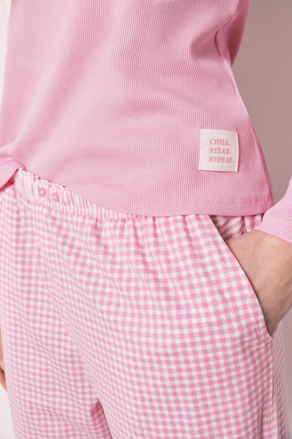 Women'secret Pink cotton gingham print long pyjamas pink
