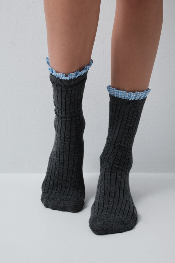 Women'secret Grey gingham ribbed long socks grey