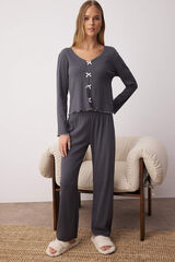 Trendyol Conjunto de pijama de algod&atilde;o canelado com detalhes de renda cinzento