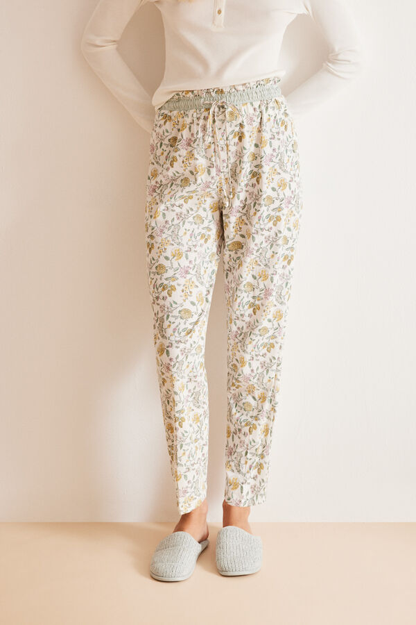 Womensecret Floral 100% cotton long carrot-fit pyjama bottoms white
