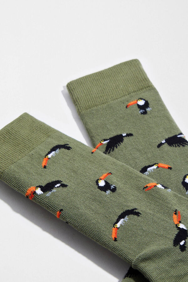 Besocks Socks toucan knee-high socks made of organic cotton in khaki green printed