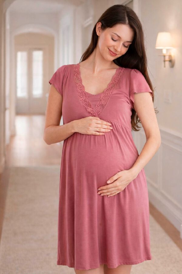 Ohma! Short-sleeved nursing nightgown with lace pink