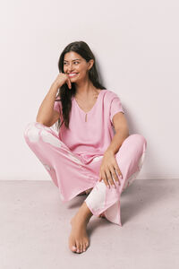 Women'secret Pink satin-finish short sleeve long pyjamas