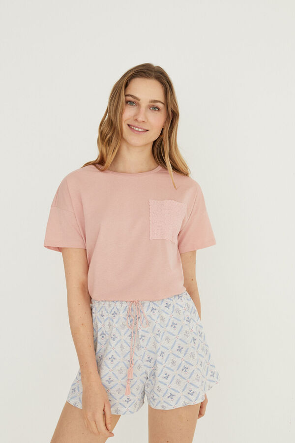 Womensecret Rövid rózsaszín felsos pizsama, 100% pamutból kék