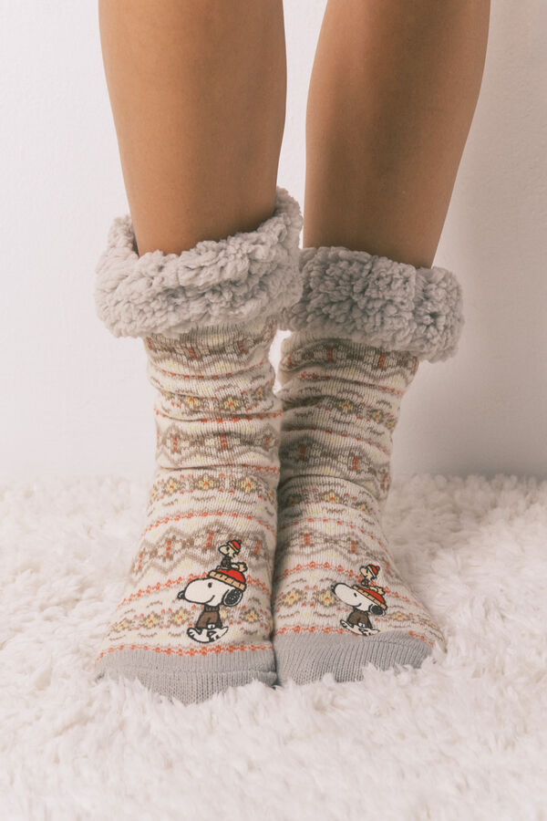 Women'secret Long fur socks with Snoopy border print beige