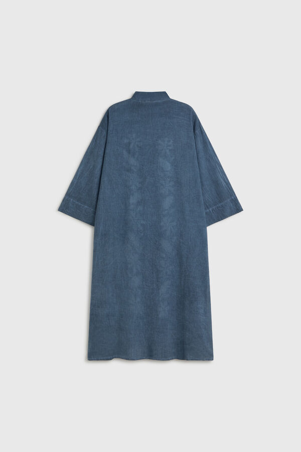 Textura Lange bestickte Baumwoll-Tunika im Hemd-Stil Blau