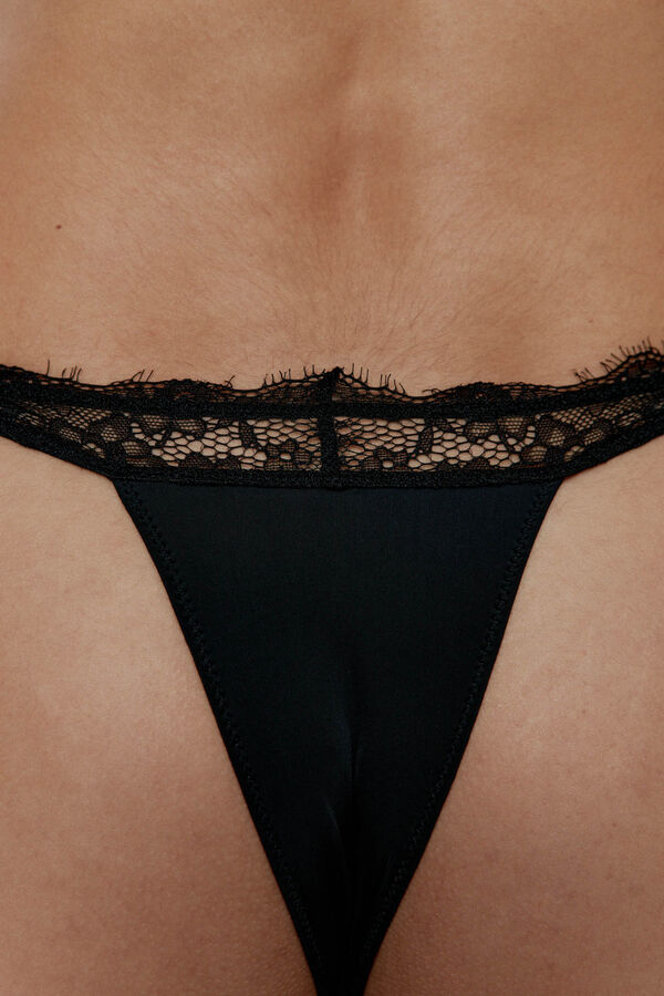 Black Limba microfibre and lace thong Noir black