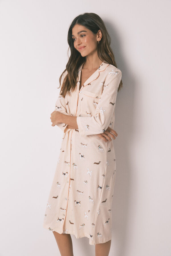 Women'secret Striped and dog print 100% cotton midi nightgown red