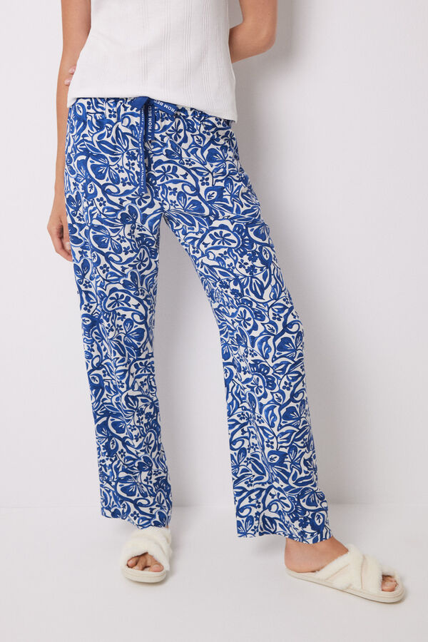 Womensecret Pantalon de détente long en viscose à fleurs bleu