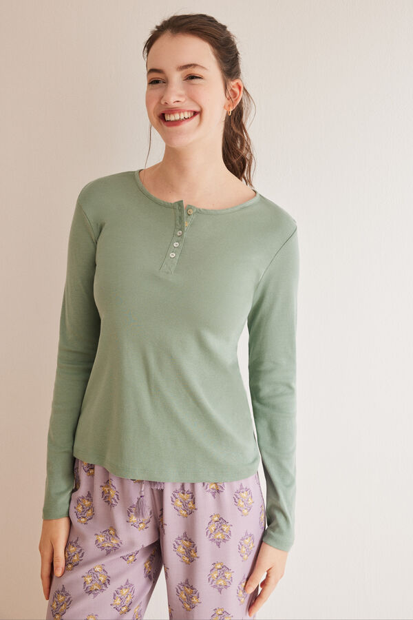 Womensecret Long-sleeved green 100% cotton Henley T-shirt green
