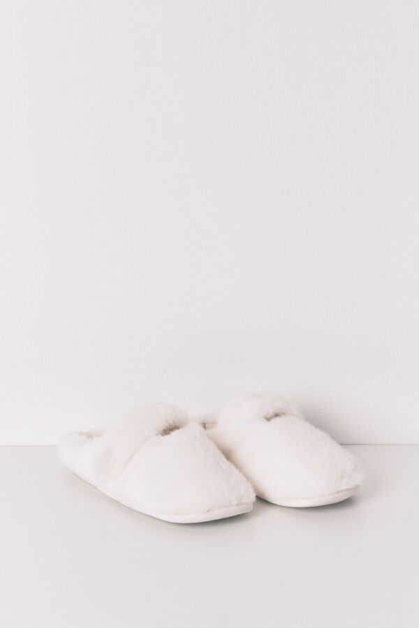 Women'secret White faux fur Mary Jane slippers beige