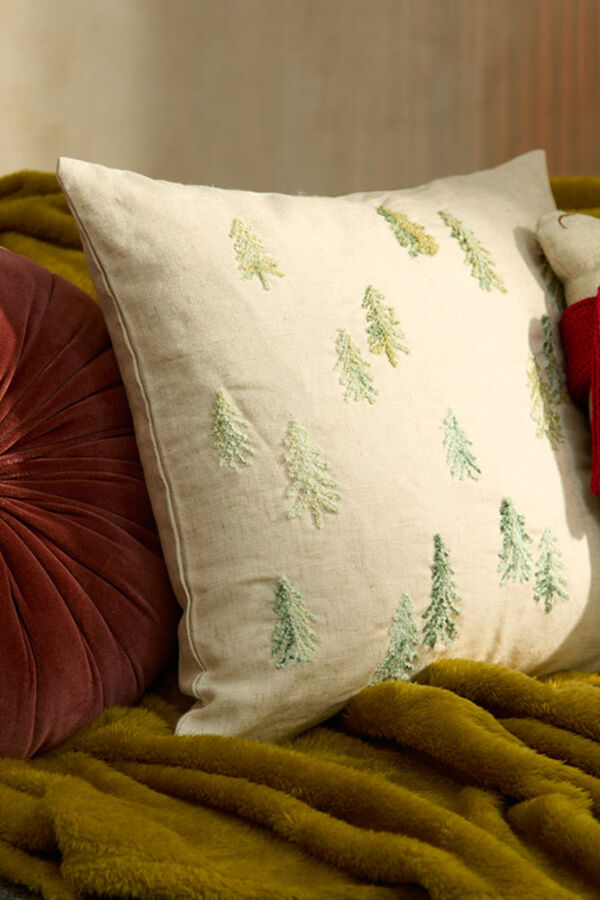 Calma House Funda de coj&iacute;n cuadrada de lino con bordados Avet beige