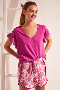 Womensecret Purple 100% cotton Swiss embroidery T-shirt pink