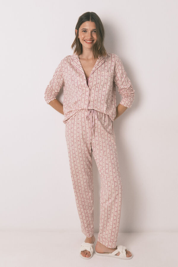 Women'secret Long 100% cotton classic pyjamas with pink flowers pink