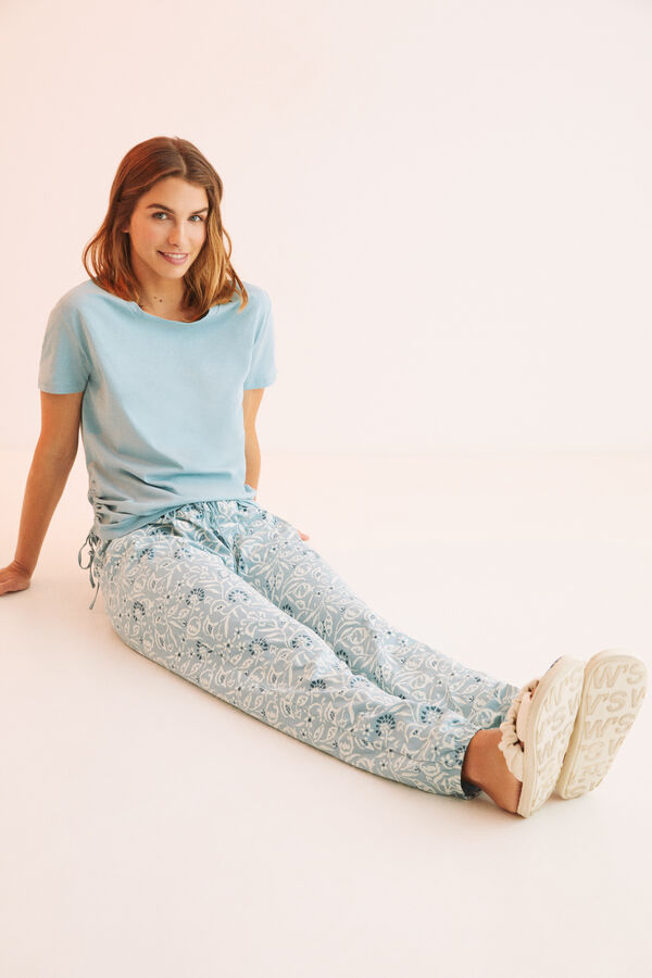 Womensecret Langer Pyjama 100 % Baumwolle Raffungen Blau Blau