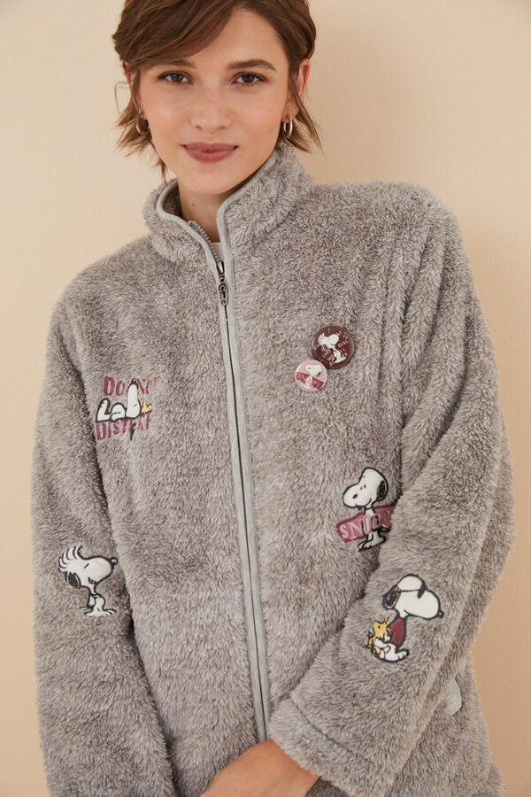 Womensecret Fluffy faux fur Snoopy robe with patches grey