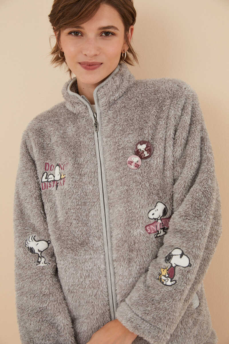 Womensecret Fluffy faux fur Snoopy robe with patches grey