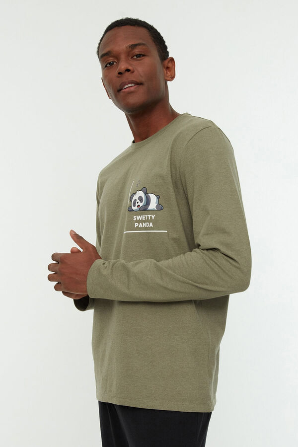 Trendyol Conjunto pijama liso hombre dibujo panda kaki