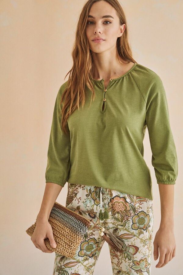 Womensecret T-shirt manches longues 100 % coton vert beige