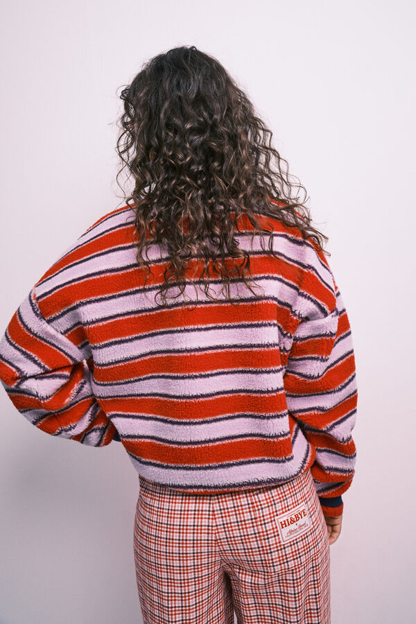 HI&BYE Sweat-shirt polo en peau de mouton &agrave; rayures violet rose