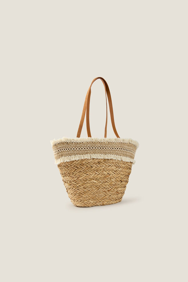 Womensecret Korbtasche für den Strand aus Naturfasern mit dekorativen Bändern Naturweiß