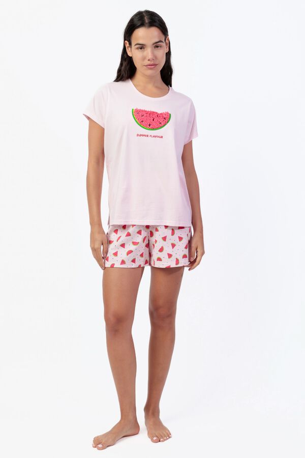 Admas Pijama corto verano Sand&iacute;a bordado rosa
