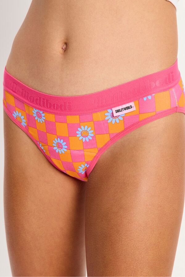 Modibodi SmileyWorld&reg; Braga Menstrual Teen Algod&oacute;n Org&aacute;nico Flujo S&uacute;per Flower rosa