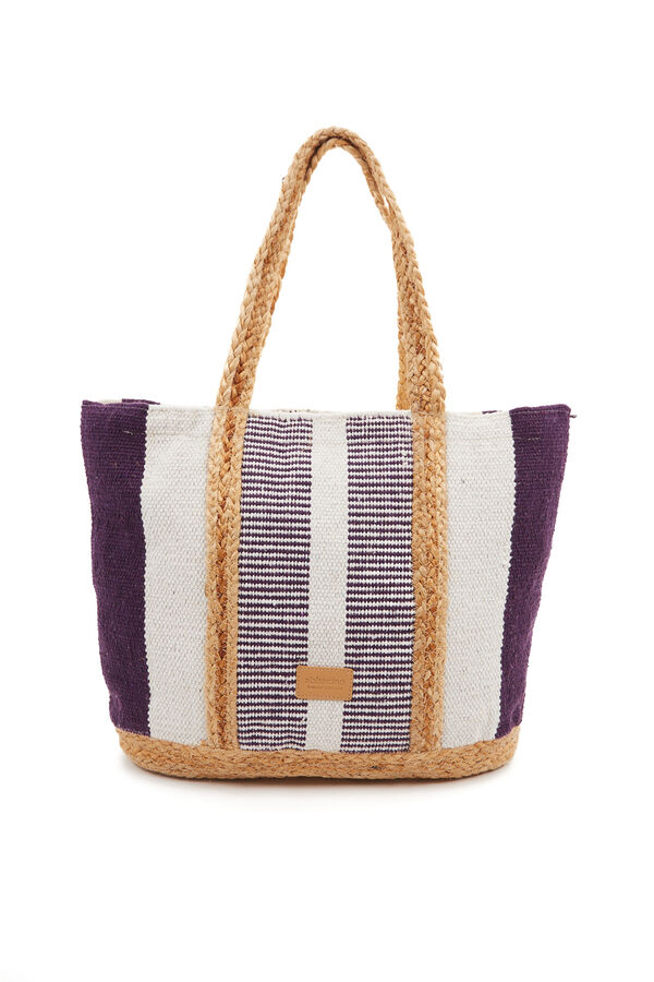 Womensecret Large raffia basket bag with white and lilac striped print Rosa