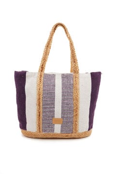 Womensecret Large raffia basket bag with white and lilac striped print pink