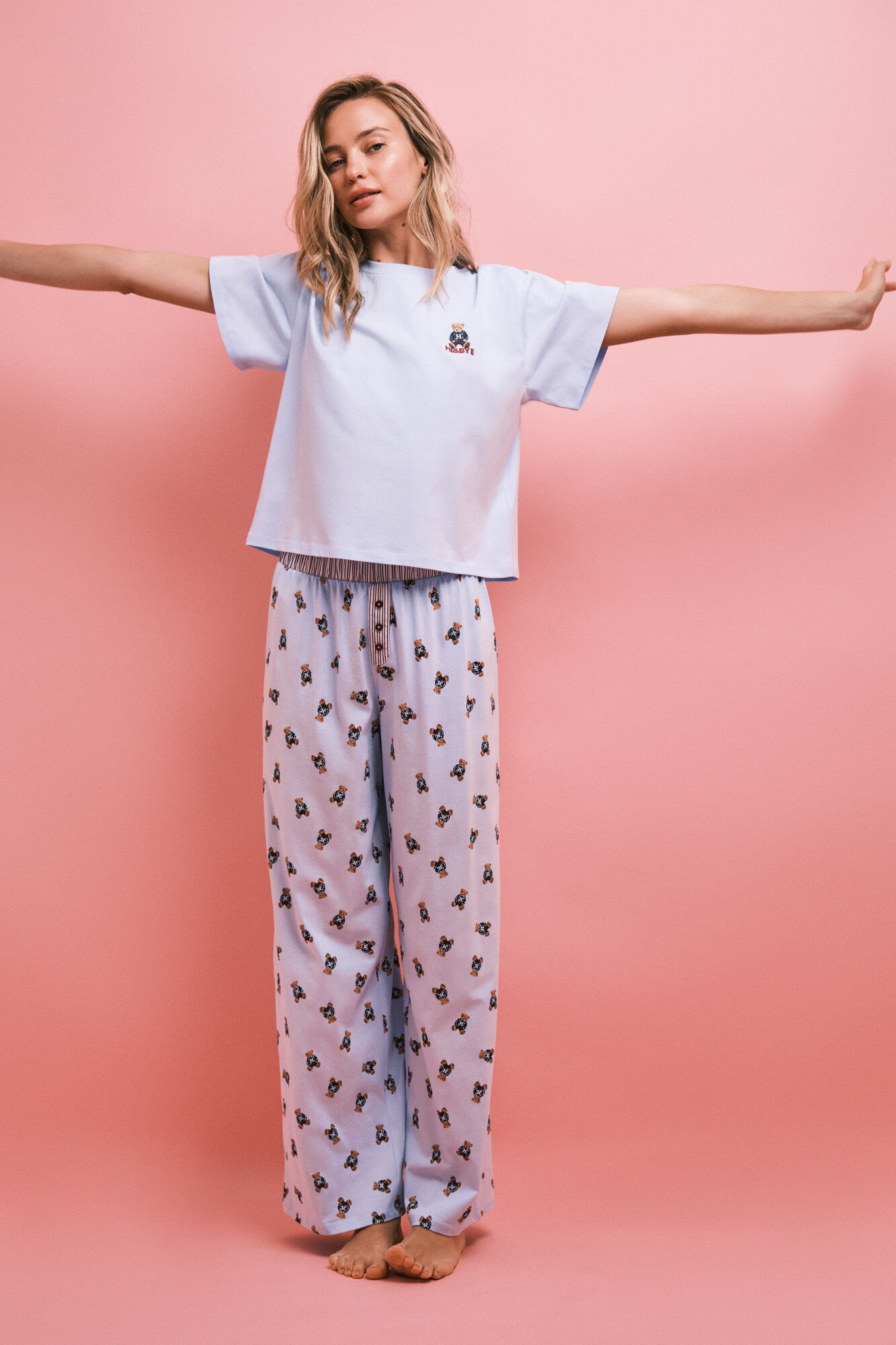 HI&BYE Blue cotton long pyjamas with bear print
