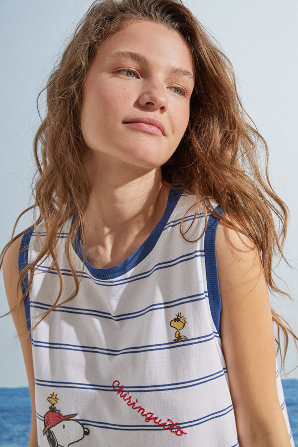 Womensecret Nachthemd Träger 100 % Baumwolle Print Streifen Snoopy Naturweiß