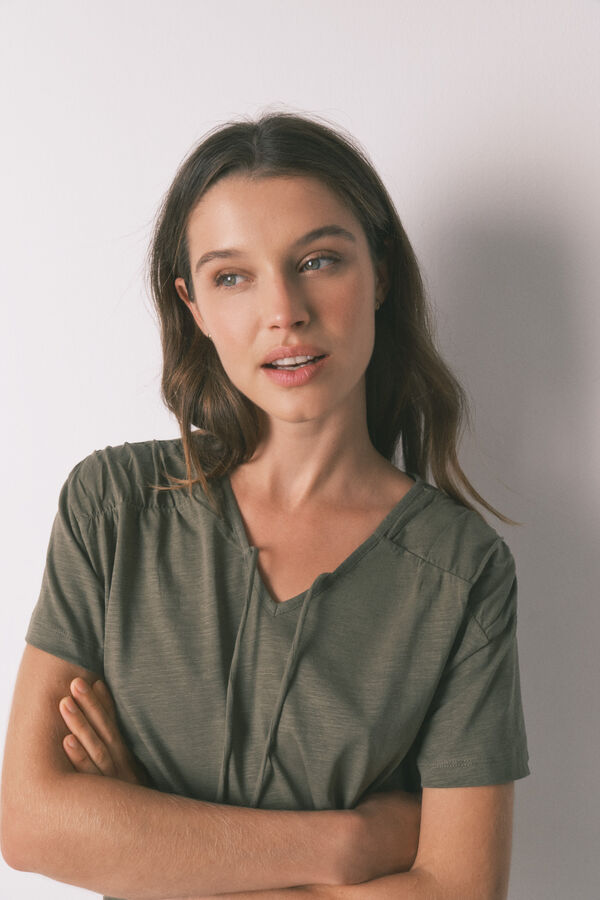 Women'secret Green cotton ruched short sleeve T-shirt beige