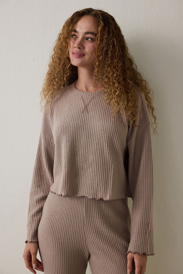 Penti Conjunto de pijama t&eacute;rmico de manga larga con cuello redondo y efecto waffle en color moca beige