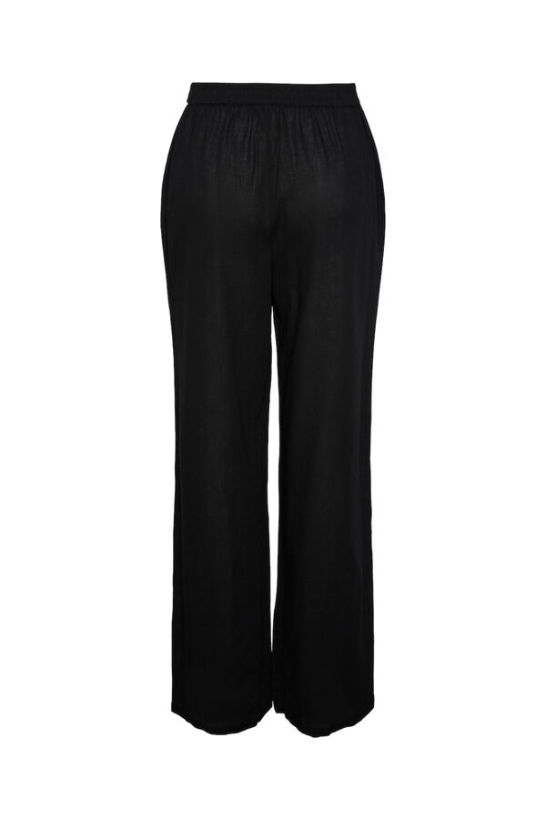 Womensecret Long cotton trousers with elasticated waist. Contain linen. Crna