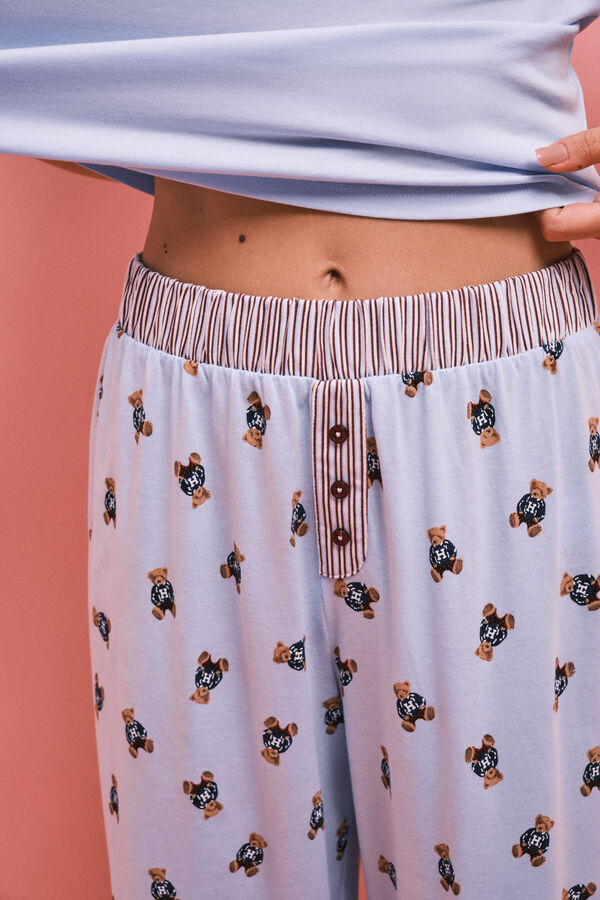 HI&BYE Blue cotton long pyjamas with bear print blue