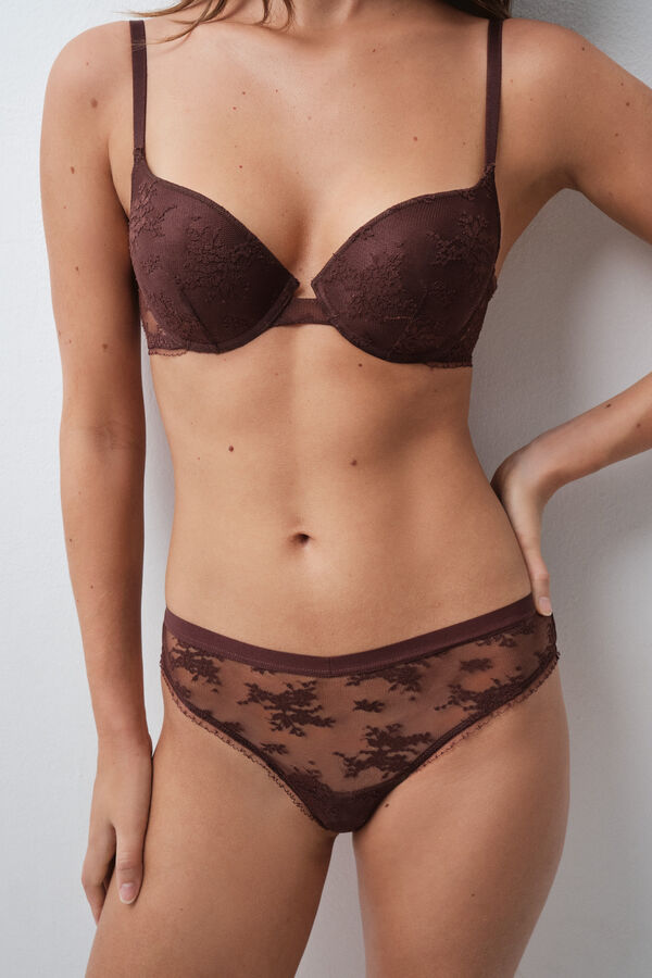 Women'secret Brown lace Brazilian wide panty nude