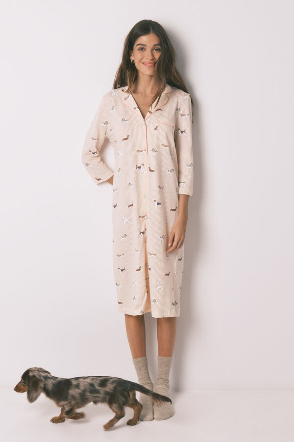 Women'secret Striped and dog print 100% cotton midi nightgown red