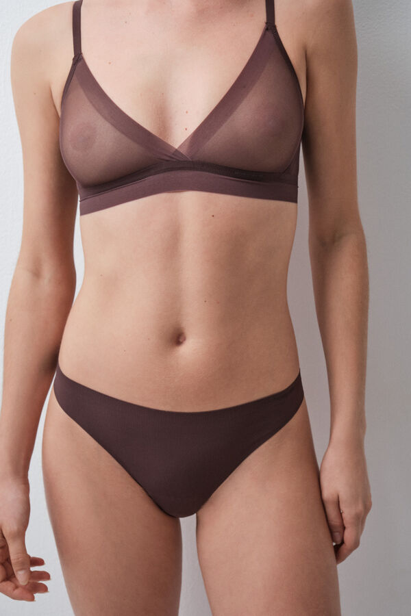Women'secret Brown microfibre and tulle Brazilian panty nude
