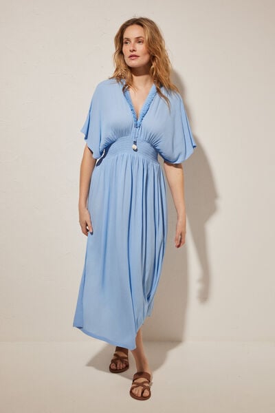 Womensecret Blue midi dress with low neckline and ruching blue