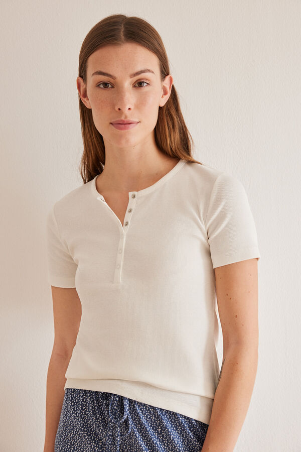 Womensecret Henleyshirt Weiß 100 % Baumwolle kurze Ärmel Naturweiß