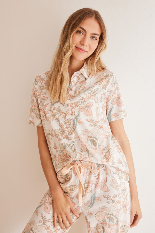 Womensecret Pyjama Hemdlook 100 % Baumwolle Blumen-Print Weiß