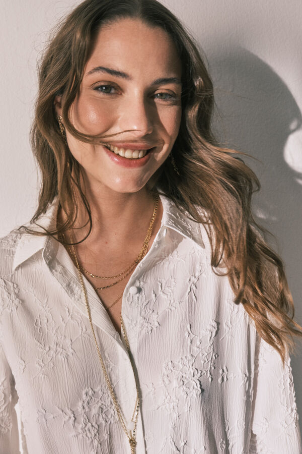 Women'secret Long satin jacquard shirt pyjamas in White beige