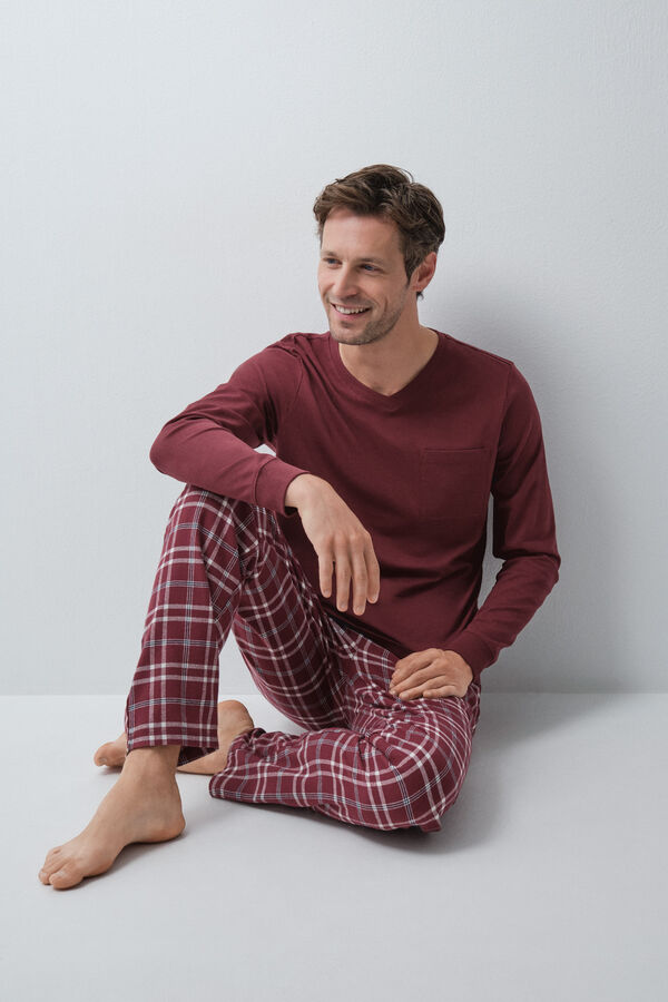 Women'secret Burgundy plaid cotton long pyjamas printed