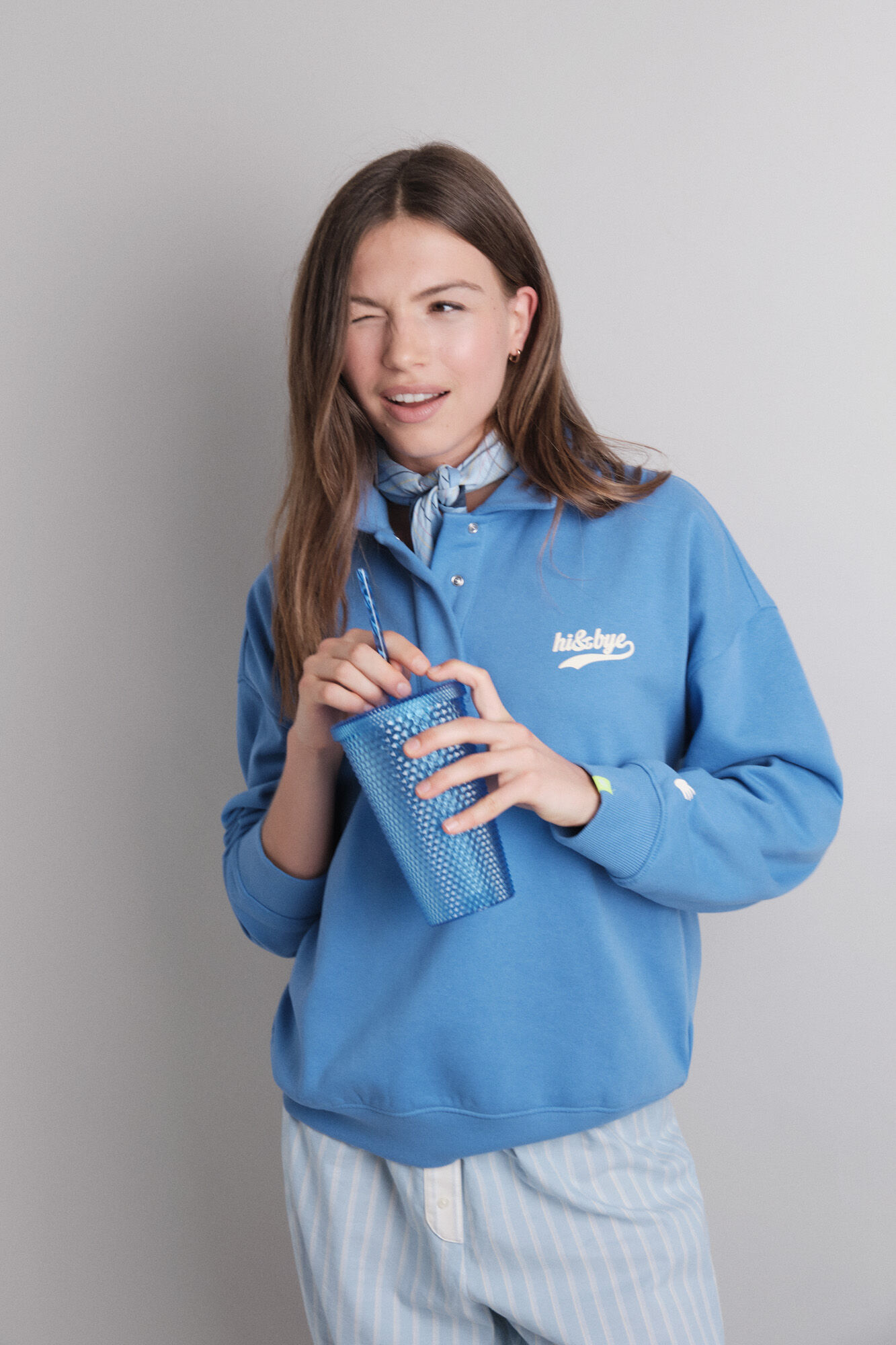 HI&BYE Blue plush polo shirt sweatshirt 