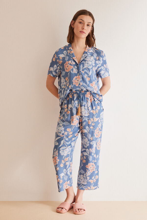Womensecret Pyjama Hemdlook Caprihose Blumen Blau Blau