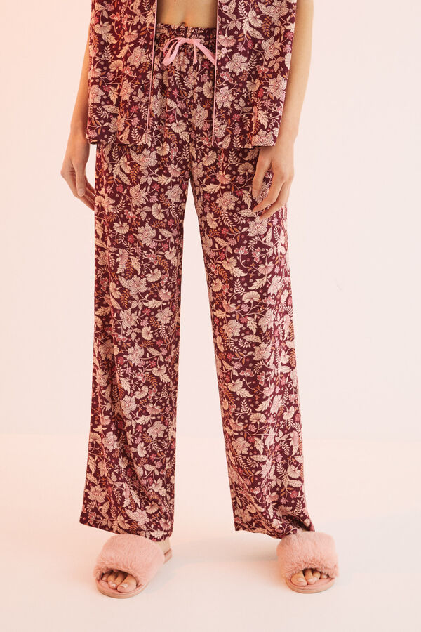 Womensecret Pijama camiseiro comprido flores grená. castanho