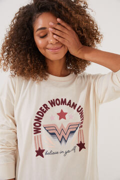 Womensecret Hosszú, Wonder Woman-mintás pizsama 100% pamutból bézs