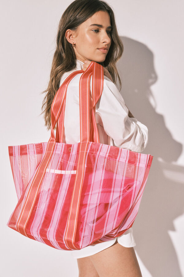 Women'secret Sac grand en mesh &agrave; rayures rose et orange imprim&eacute;