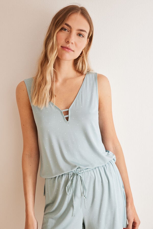 Womensecret Kratka plava pidžama na točkice Ecovero™ Zelena